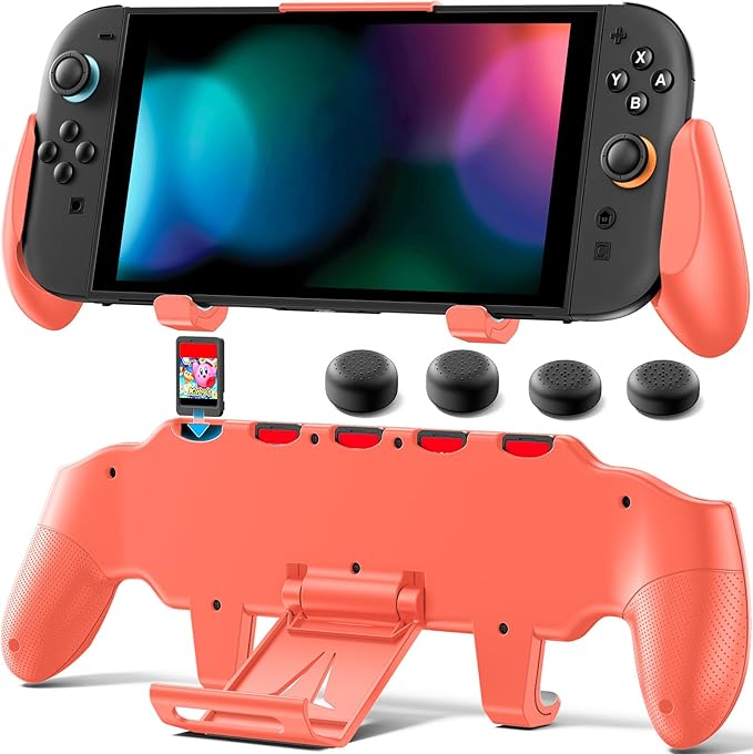 OIVO Grip Compatible with Nintendo Switch 2, Switch 2 Ergonomic Grip Case with Adjustable Stand, Comfort Game Accessories with 5 Game Card Slots and 4 Thumb Caps, Orange by OIVO
