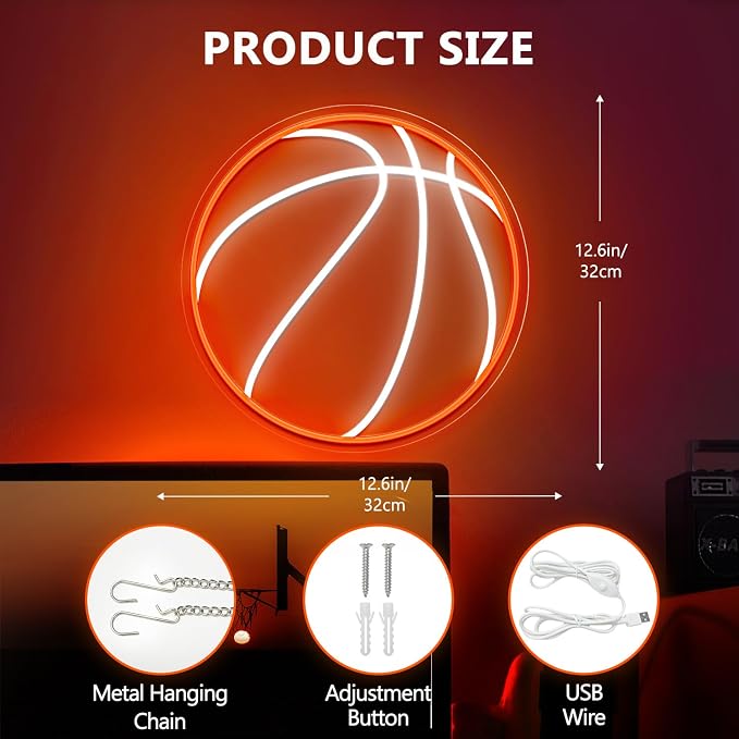Basketball Neon Sign, 12.6×12.6 Inch Basketball Led Neon Light, Dimmable LED Neon Signs for Wall Decor, Powered by USB Wall Decor Aesthetic, Sports Neon Signs for Room Bedroom Shop Decor - Image 6