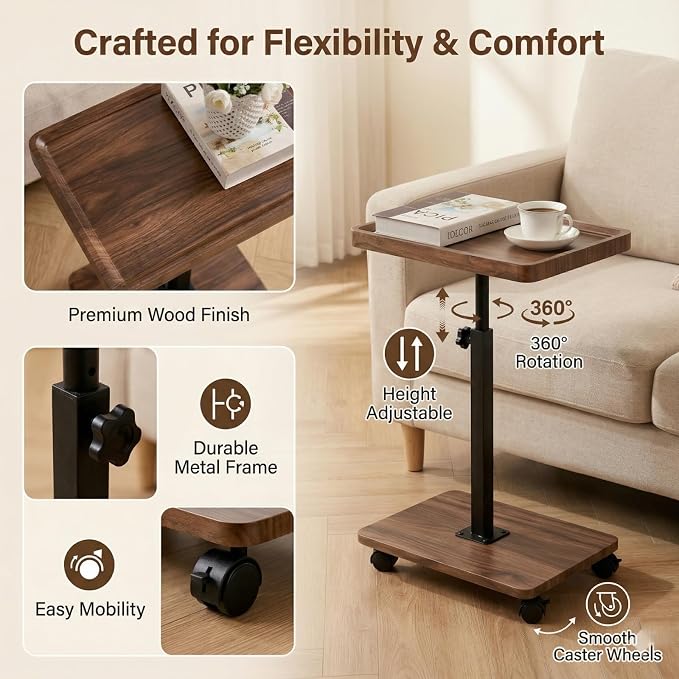 C Table End Table Adjustable Height,C Shaped End for Couch，Snack Tables,360°Swivel TV Tray Sofa Table,Tables that Slide Under,Coffee SideTable for Bed,Chair,Bath-tub,Outdoor(Walnut Color) - Image 4