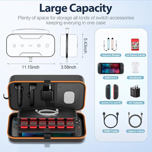 OIVO Carrying Case Compatible with 2025 Nintendo Switch, Portable Switch 2 Travel Carry Case Fit for Joy-Con 2 & Adapter, Hard Shell Protective Pouch Bag with 24 Game Slots, Orange - Image 4