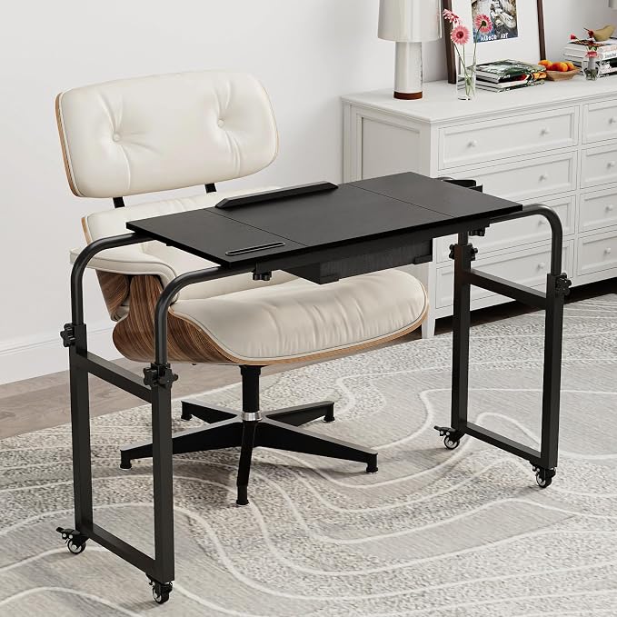 GiftGo Overbed Table with Wheels Rolling Laptop Desk Cart Over Recliner Wheelchair Table Adjustable for Hospital and Home Use Over The Bed Table with Storage Drawer and Cup Holder (Black) - Image 2