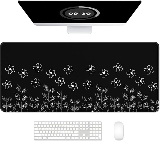Auhoahsil Desk Mat, Ultra Large Mouse Pad, XXL Gaming Mousepad, Pretty Desk Pad, Big Extended Full Size Desktop Desk Matt for Keyboard, Laptop & Computer, 35.5 x 15.7 in, Minimalist Flower Black by Auhoahsil