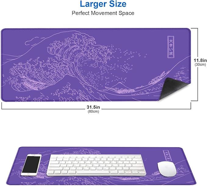 IMAYONDIA Great Wave Large Gaming Mouse Pad, Purple Minimalist Japanese Desk Mat, Gamer Aesthetic Extended Mousepad Cute, Non-Slip Rubber Base Lilac Desk Pad for Office- 31.5 X 11.8 Inch - Image 2