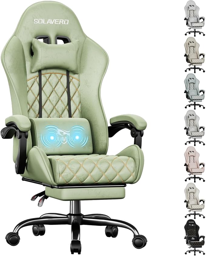 HLDIRECT Massage Recliner Gaming Chair with Footrest for Adults, Green | 300lbs Capacity, Ergonomic Office Computer Chair, Lumbar Support, Breathable Fabric, Headrest, 360° Swivel, Metal Frame by HLDIRECT