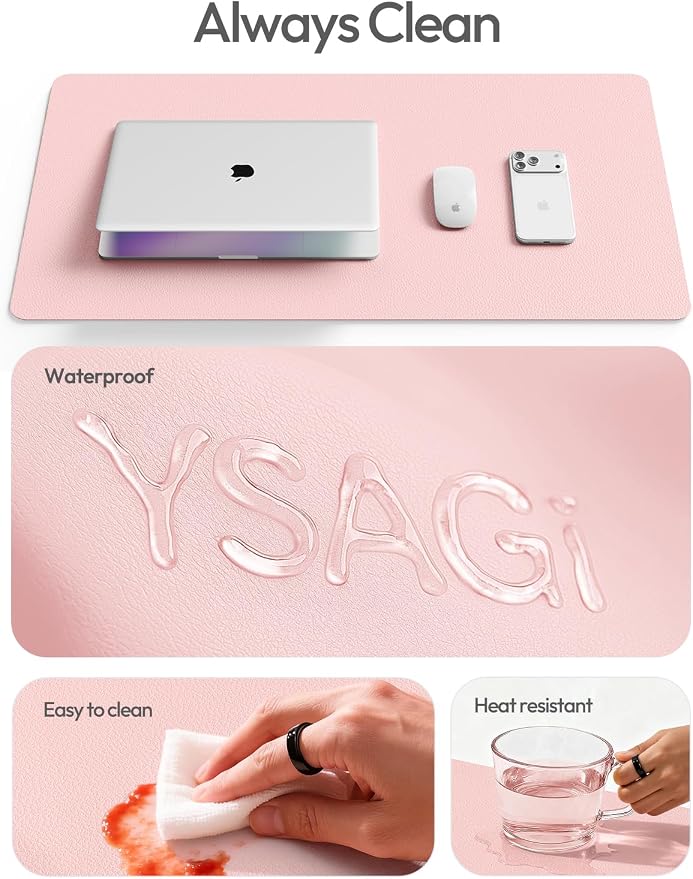 YSAGi Leather Desk Protector, Office Mat, Large Mouse Mat, Non-Slip PU Leather Blotter, Laptop Desk Mat, Waterproof Writing Pad for Office and Home(Light Pink, 63" x 17.2") - Image 9