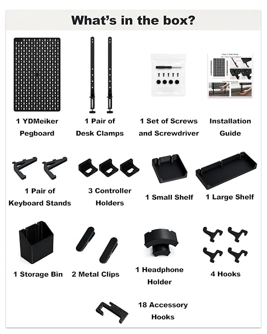 Clamp-On Desk Pegboard Organizer, 14 Accessories, Black | 14 Peg Board Accessories, Controller Holders, Keyboard Stand, Headphones Holder, Cable Storage for gaming setups, home office - Image 8
