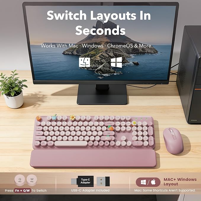 Wireless Keyboard and Mouse Combo, Full-Size Typewriter-Style Keyboard with Round Keycaps, Magnetic Wrist Rest, Tilt Legs, 2.4GHz Cordless for Mac, Windows PC, Laptop, SABLUTE CK23, Dusty Rose - Image 9