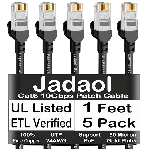 Jadaol [UL Listed Cat 6 Ethernet Cable 1ft 5Pack 10Gbps 24AWG PoE++, Black by Jadaol