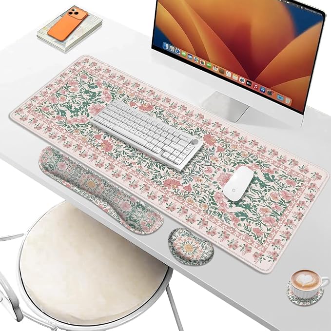 Desk Pad and Keyboard Wrist Rest, Large Mouse Pad + Keyboard Pad+Mouse Wrist Support, Non-Slip Desk Mat Protector for Office, Home 31.5×11.8 Inches Pink Floral - Image 6