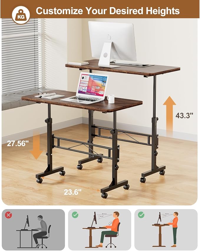 Amztabler Small Standing Desk Adjustable Height, Mobile Stand Up Desk with Wheels, 32 Inch Portable Rolling Desks Conference Room Tables for Walking Pad Treadmill Wood Rustic - Image 3