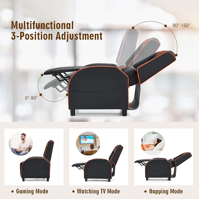GYMAX Massage Gaming Recliner Chair, Ergonomic Racing Style Single Sofa with Adjustable Headrest, Backrest & Footrest, Home Theater Sofa for Living Room Office (Orange) - Image 4