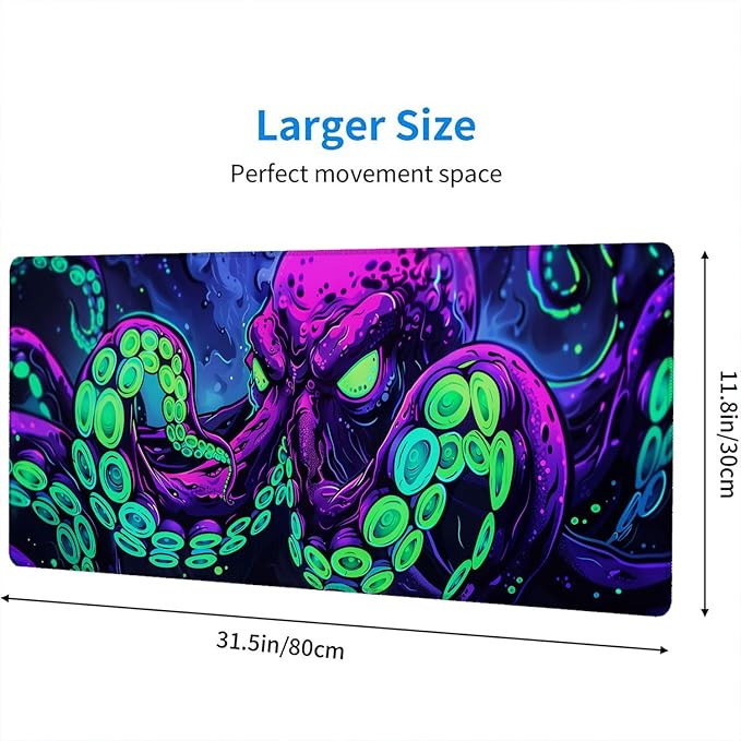 Octopus Desk Mat Gaming Mouse Pad Neon Cthulhu Monster Cool XL Mouse Pad Large Mousepad Extended Laptop Keyboard Mat Gaming Desk Pad Mouse Mat Office Computer Keyboard Laptop Home 31.5"x11.8" - Image 2