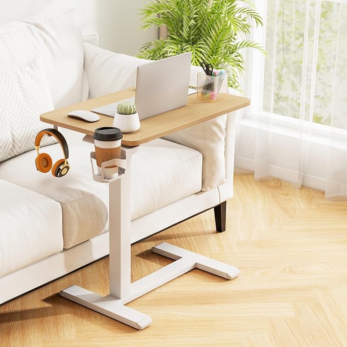 Tangkula Mobile Standing Desk, Pneumatic Height Adjustable Rolling Desk with Cup Holder & Headphone Hook, Overbed Table with Hidden Wheels, Laptop Computer Cart for Couch, Home, Office (Natural) - Image 2