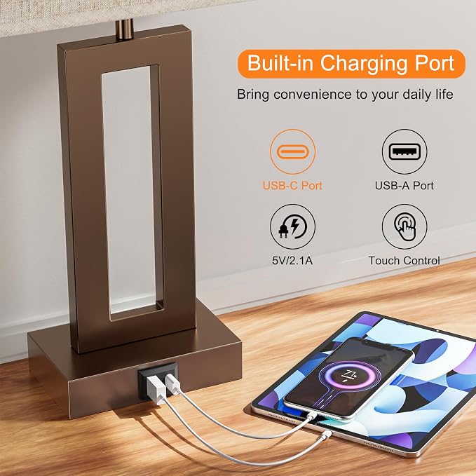 Seealle Bedroom Lamps for Night Stands - Touch Control, 3 Way Dimmable, USB C+A Charging, LED Bulbs, Easy Assembly(Yellow&Coffee) - Image 4