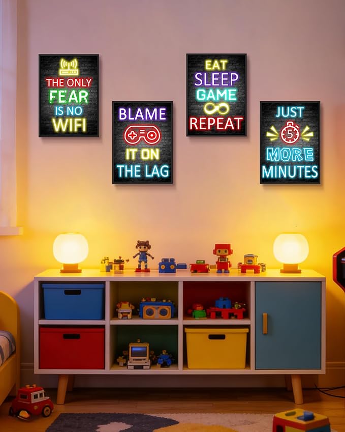 Video Gamer Room Decor for Teen Boys Gaming Wall Art Gamer Neon Sign Teenage Bedroom Decor Ready to Hang Set of 4, 11x14in (Black Framed) - Image 7