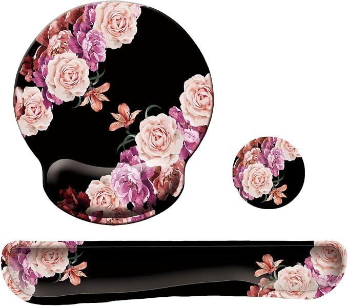 Keyboard Wrist Rest Pad Mouse Pad with Wrist Support Set of 3, Mousepad with Non-Slip Rubber Base, Ergonomic Memory Foam Mouse Wrist Cushion Support for Home Office Laptop Computer Gaming, Flowers by LIZPARE
