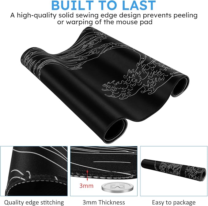 iCasso Mousepad,Gaming Mouse Pad,Black Wave of Kanagawa | Large Desk Mat,Big Rubber Base Mouse Mat with Stitched Edges,Computer Keyboard Desk Pad for Work Office Home - Image 3