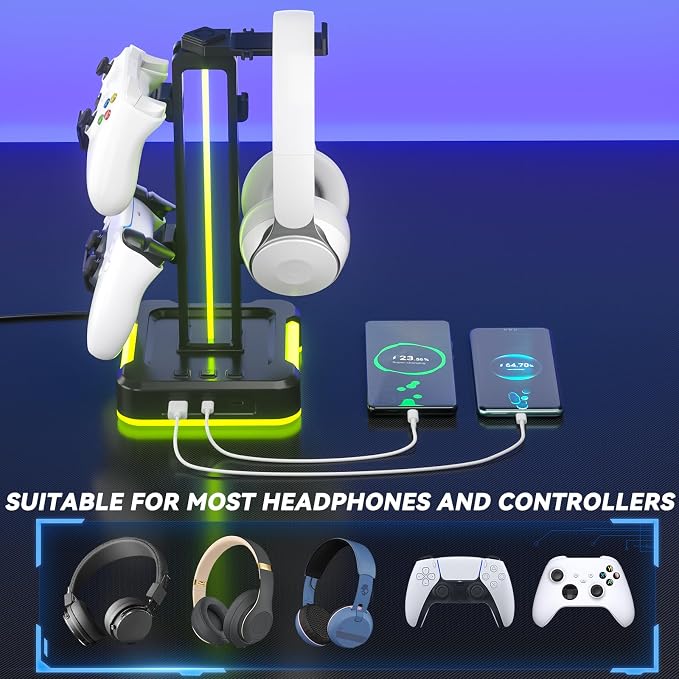 KDD RGB Gaming Headphone and Controller Stand with 2 Type-C and 1 USB Ports | Headset Stand with 9 Light Modes, Headset Holder for Desk, Controller Headphone Holder, For Gift PC Gaming Room Accessories - Image 7
