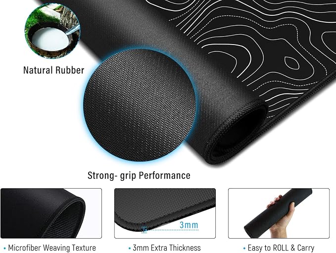 JIALONG Black Topographic Large Gaming Mouse Pad, XXL Mousepad, Big Mouse Mat Desk Pad for Keyboard and Mouse, Gaming Computer Laptop PC Desk Office Accessories - Image 4