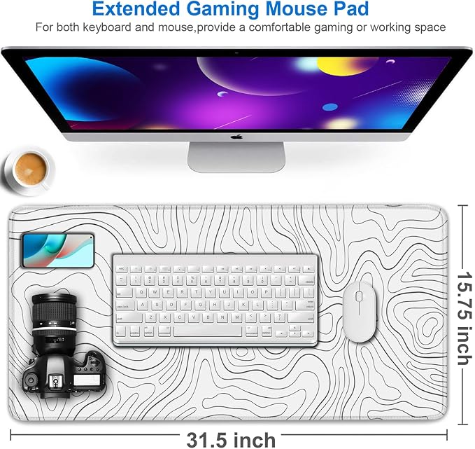 Extended Mouse Pad, 31.5x15.7 inch Large Gaming Computer Keyboard Mouse Mat, Water Resist Non-Slip Mousepad Rubber Base Long XXL Desk Mouse Pad for Work & Gaming, Office & Home, White Black Lines - Image 2
