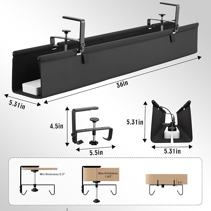 No Drill Large Under Desk Cable Management Tray, Fabric Cord Hider for Wire Organizer, Clamp/Screw Mount Cord Organizer, Standing Desk Cable Management for Office Home (Large (36 Inch)) - Image 2