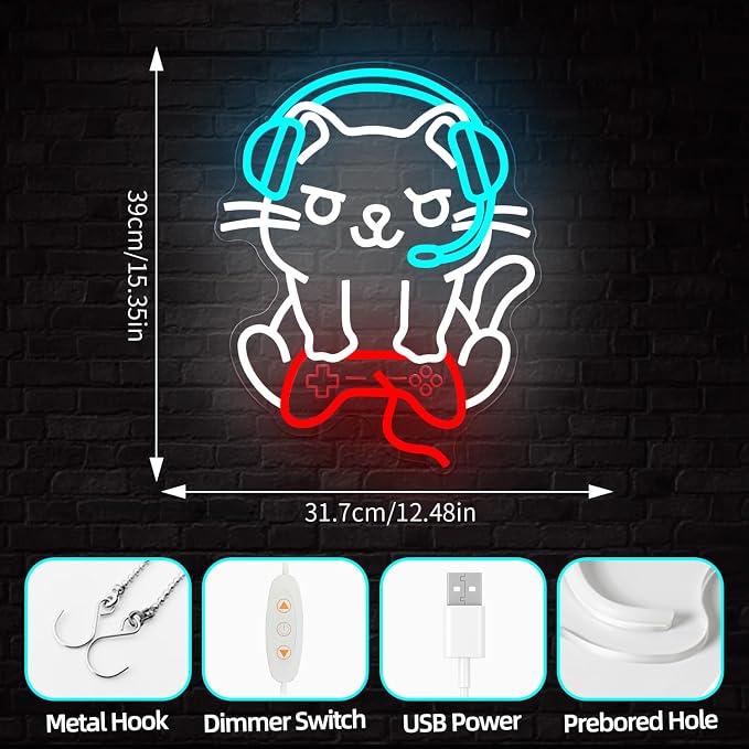 Cat Gaming Neon Sign Gamer Cat Neon Signs for Wall Decor Dimmable Game Room Led Wall Art Gamer Room Decor Led Light Sign Funny Gift for Cat Lovers & Gamers - Image 5