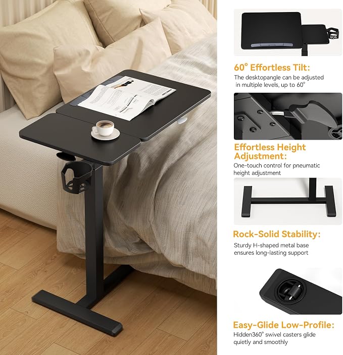 Overbed Bedside Table with Wheels, Pneumatic Adjustable Medical Tilt Top Hospital Bed Table Over The Bed, Rolling Laptop Desk, Mobile Standing Desk for Hospital and Home Use, Black - Image 5