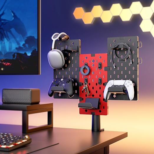 PEGZONE Modular Headphone and Controller Holder for Game, Clamp-on Pegboard, Rotatable Controller Stand with Cable Hooks, Gaming Accessory for Xbox PS5 PS4 Nintendo Switch, 3Pcs Pegboard, Red | Modular Desk Controller Stand with Cable Hooks - Image 9