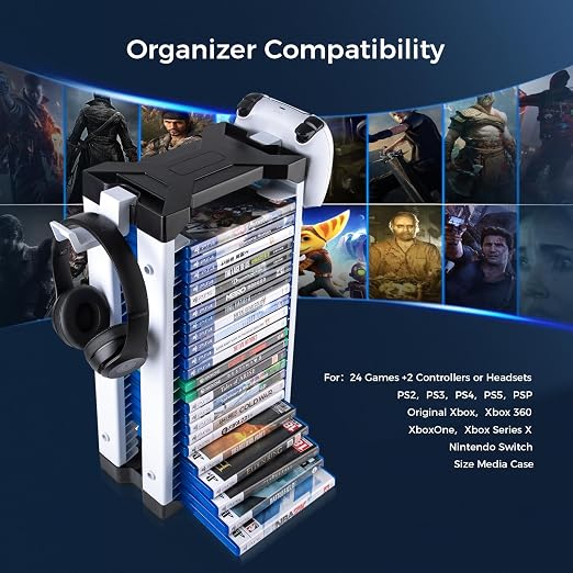 ASFSKY Video Game Storage Tower, 23-Game Organizer with 2 Controller Hooks - Image 3
