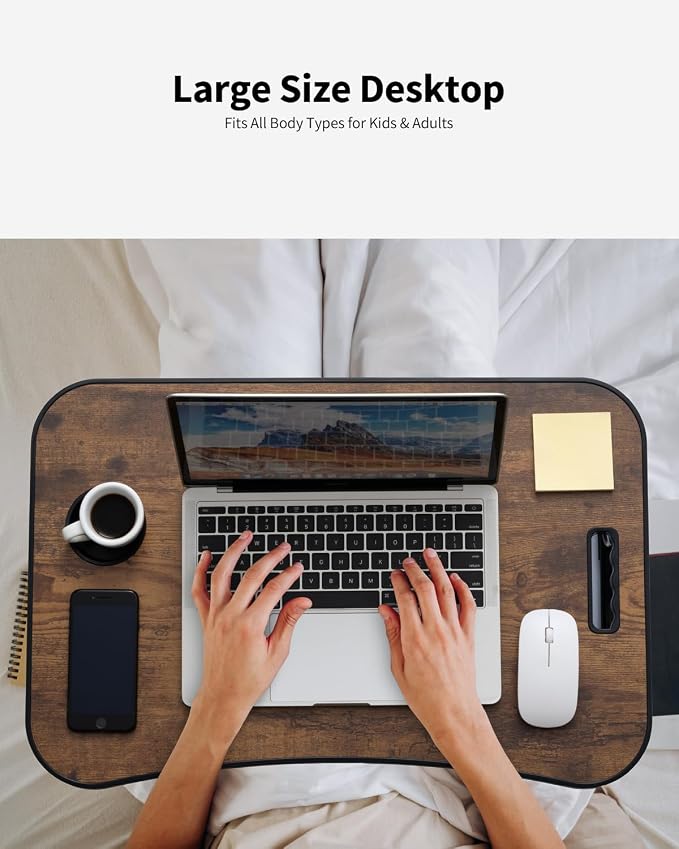 Foldable Lap Desk, Laptop Bed Desk, Portable Lap Table, Laptop Bed Table with Cup Holder & Tablet Slot & Lifting Handle for Working Writing Drawing & Eating - Rustic Brown - Image 3