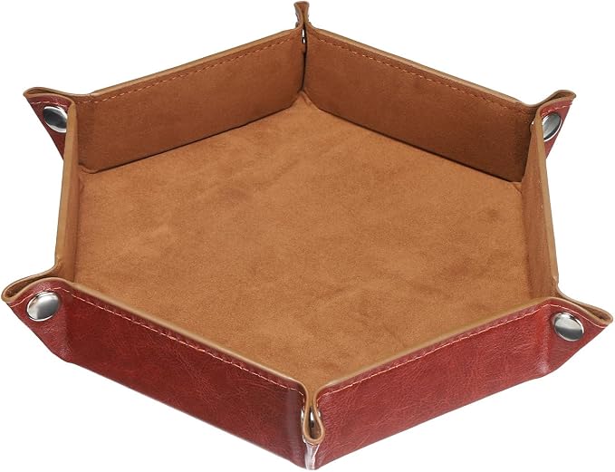 HARFINGTON PU Leather Dice Tray Unisex Valet Tray Folding Hexagon Tray Portable Entryway Table Nightstand Bedside Desk Holder for Key Wallet Watch Coin Jewelry, Brown - Image 3