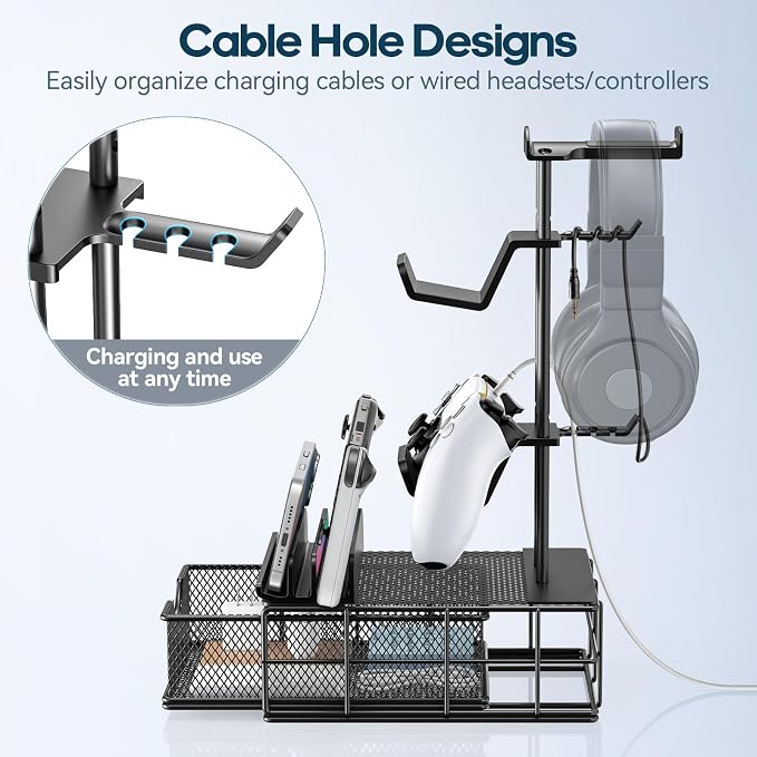 KDD Headphone Stand with Drawer - Headset & Controller Holder for Desk - Aluminum Supporting Bar Earphone Stand with Cable Organizer - Universal Gaming PC Accessories Storage - Image 3