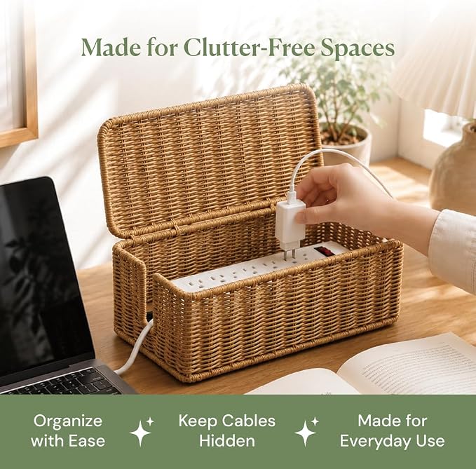 Cable Management Box, Handmade Rattan Cord Organizer for Power Strip - Image 9