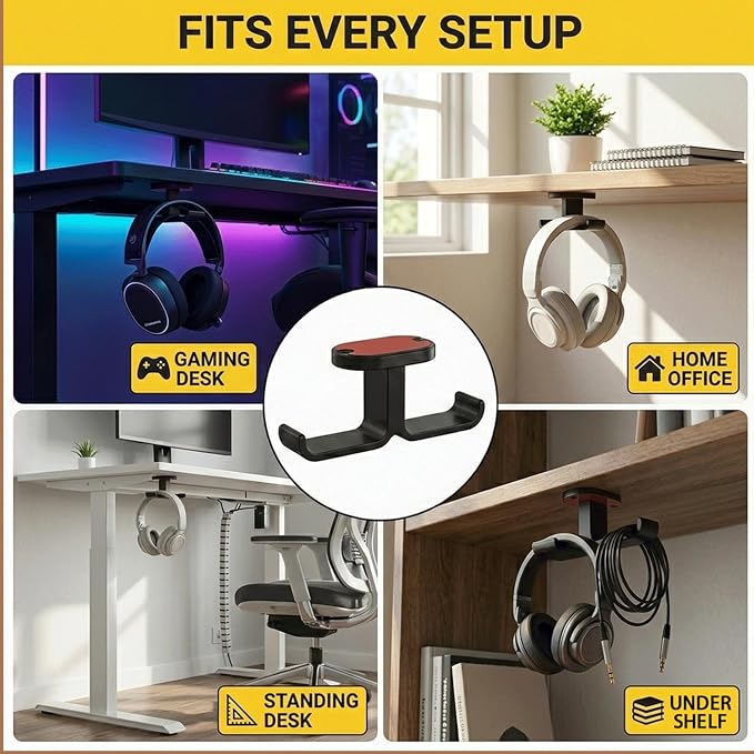 Under Desk Headphone Hanger, 360° Rotatable Dual Headset Holder with Strong Adhesive & Screws, All-Aluminum Metal Headphone Hook for Gaming Home Office – Black - Image 6