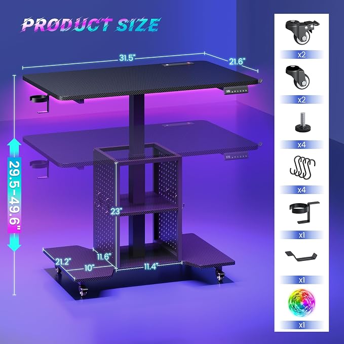 SEDETA Small Standing Gaming Desk, 31.5" Rolling Computer PC Desk Height Adjustable with Power Outlet, Pegboard & Storage Shelves, RGB LED Light, for Small Spaces/Bedroom/Gaming, Carbon Fiber Black - Image 2