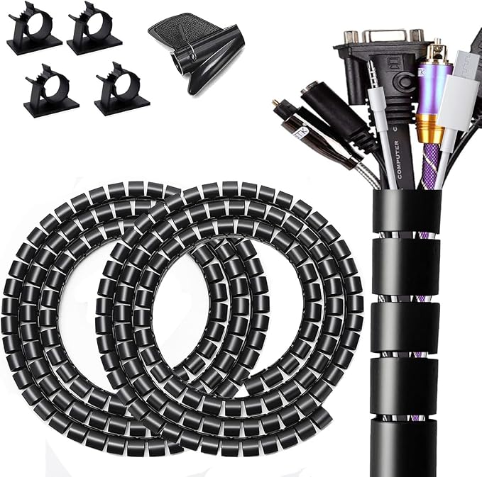 Large PC Cable Management Tube Sleeve Under Desk Wire Organizer for Cords 2 PCS Black, 1.1 inch -5 ft EZ Spiral Cable Wrap Cover Bundler w/Clips for TV Office, Pet Proof Cable Protector by FANOSHONOFFICIAL
