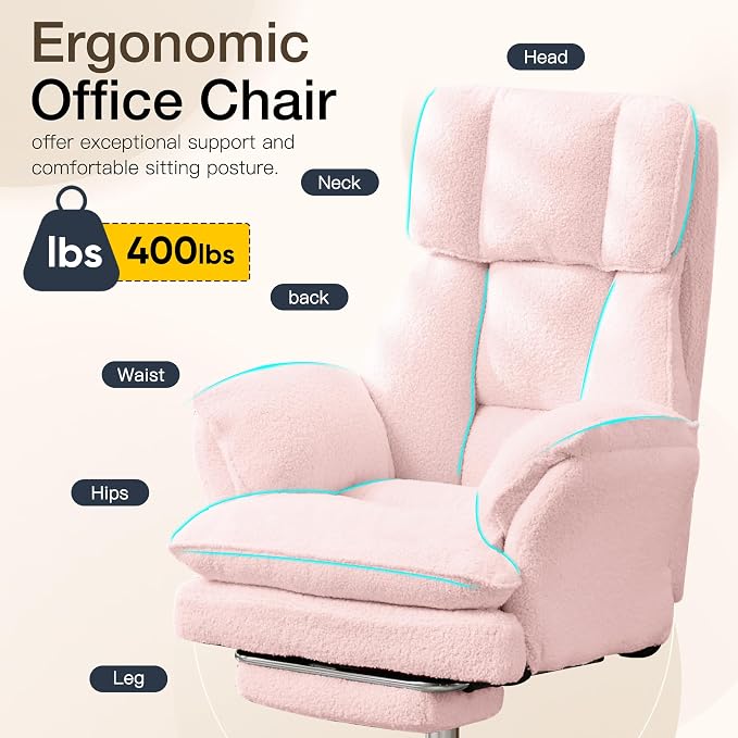 JOMEED Cloud Cross Legged Office Chair with Footrest,Flip Armrest,Pink | Ergonomic Teddy Big and Tall Executive Chair with Wheels,155° Reclining Computer Wide Desk Chair for Home,Office - Image 9