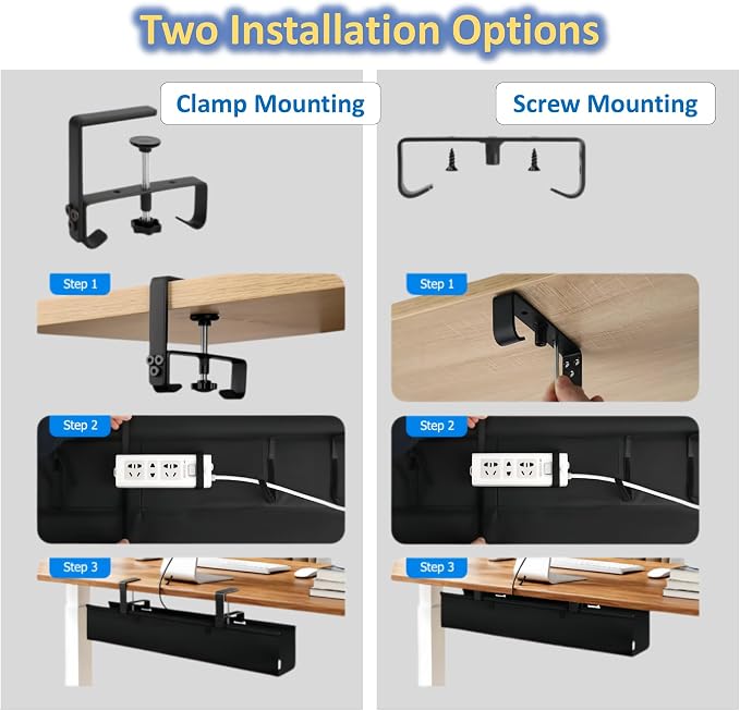 36" Under Desk Cable Management Tray - No Drill Oxford Cloth Cord Organizer with Clamp & Screw Mount - Large Capacity Fabric Cable Holder for Home Office, Gaming Desk & Standing Desk (Black) - Image 7