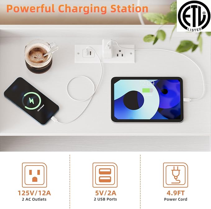 Memobarco 2 Pack Nightstand with Charging Station and LED Light, Modern Nightstand with USB Ports and Outlets, Wood Bedside Table with 2 Storage Drawers, Small Dresser for Bedroom Small Space, White - Image 4