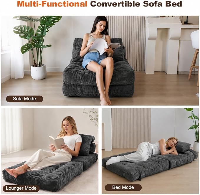 King Oasis Folding Sofa Bed, Corduroy Chair Bed with Pillows | 3-in-1 Fold Out Floor Sofa Couch with Headrest and Lumbar Pillows，for Living Room, Bedroom, Apartment, Dorm,Dark Grey - Image 3