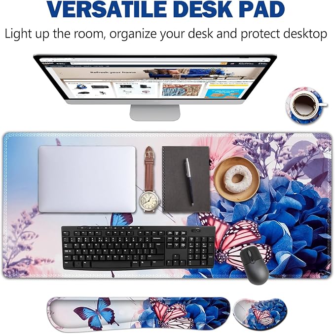AIMSA Large Gaming Mouse Pad Set, Keyboard Wrist Rest Support Mouse Pad, Ergonomic Memory Foam Multifunctional Extended Desk Mat 35x15.7in Anti-Slip Rubber Base for Office Home, Butterfly Flower - Image 2