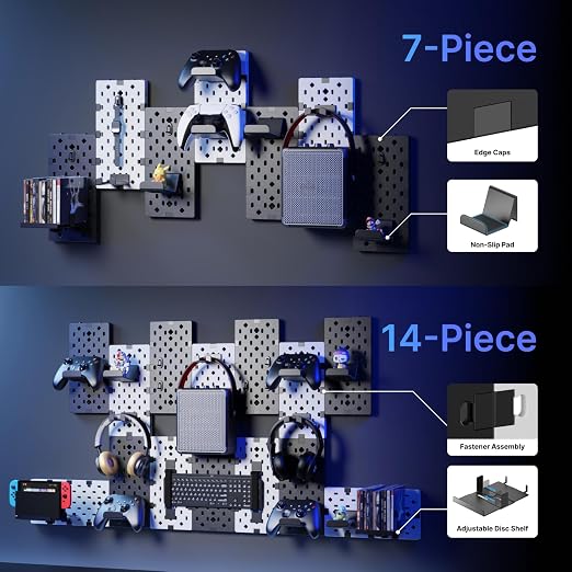 PEGZONE Controller and Headphone Holder Wall Mount, 7pcs, Black & White | Modular Gaming Pegboard with Accessories, Controller Stand, Disc Shelf Organizer - Image 3