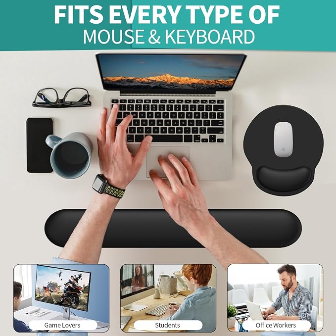 eulps Mouse Pad Wrist Support, Ergonomic Memory Foam Keyboard Wrist Pad & Gel Wrist Rest Set for Computer Keyboard for Easy Typing & Pain Relief for Office & Home(Black Set) - Image 5
