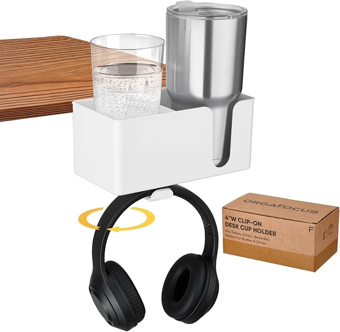4-in-1 Clip On Desk Cup Holder, Fits up to 40oz cups - Mountable Holder with Adjustable Divider & 360° Rotating Hook - No Spill Clamp On Drink Holder Attachment - for Desk Chair Table Bed Tray - White by Unknown