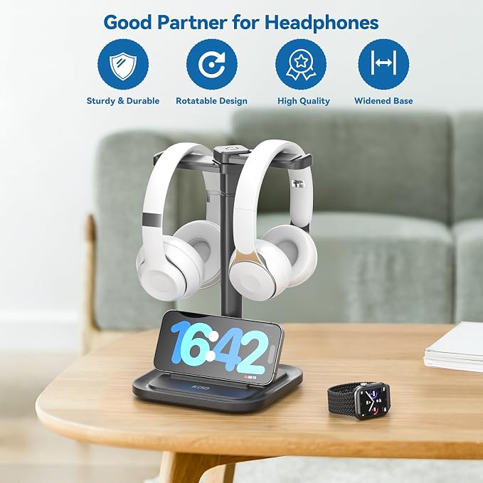 KDD Dual Headphone Stand for Desk - Rotatable Headset Hanger with Phone Holder - Removable Non-Slip Base for Gamers Desktop Accessories - Image 4