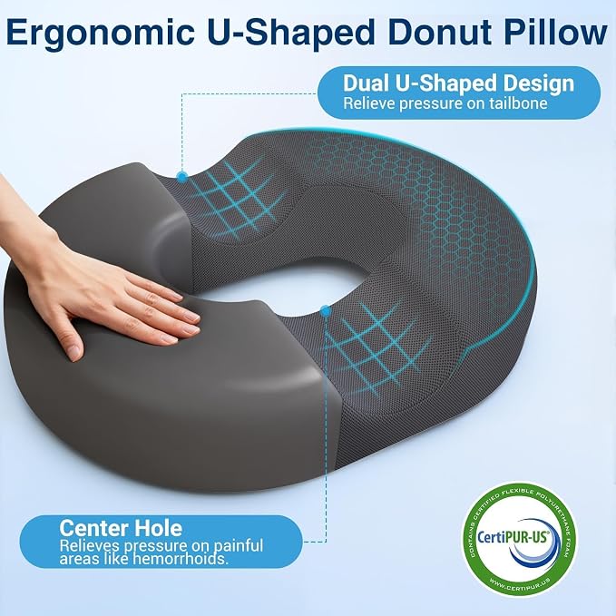 Donut Pillow Seat Cushion, Office Chair Cushion, Gray, Large | Ergonomic Design, Breathable Cover, for Tailbone Pain, Hemorrhoids & Long Sitting Hours, for Home & Office - Image 6