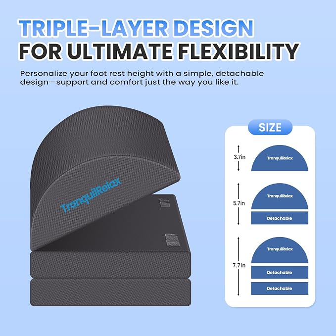 TranquilRelax Foot Rest Under Desk, 3-Height Adjustable Foot Stool, Gray | Desk foot rest, ergonomic foot support, machine-washable cover, non-slip bottom, gaming foot rest, office, car - Image 2