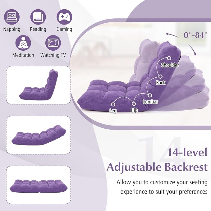 14-Position Lazy Sofa Chair with Back Support, Soft Coral Fleece, Recliner for Gaming, Reading, Meditating, Yoga (Violet) - Image 3