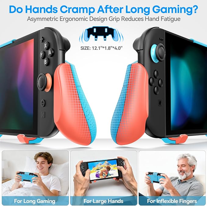 OIVO Grip Compatible with Nintendo Switch 2, Switch 2 Ergonomic Grip Case with Adjustable Stand, Comfort Game Accessories with 5 Game Card Slots and 4 Thumb Caps, Orange Blue - Image 3