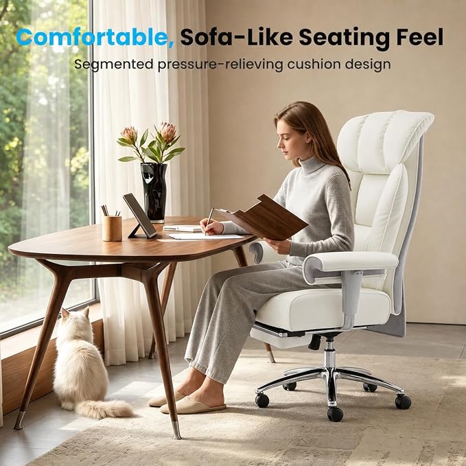 Efomao Big and Tall Executive Office Chair 450lbs,White | 5.9" Thick Pocket Spring Cushion, Reclining Breathable PU Leather Desk Chair with Foot Rest, Soft Comfortable Support - Image 6